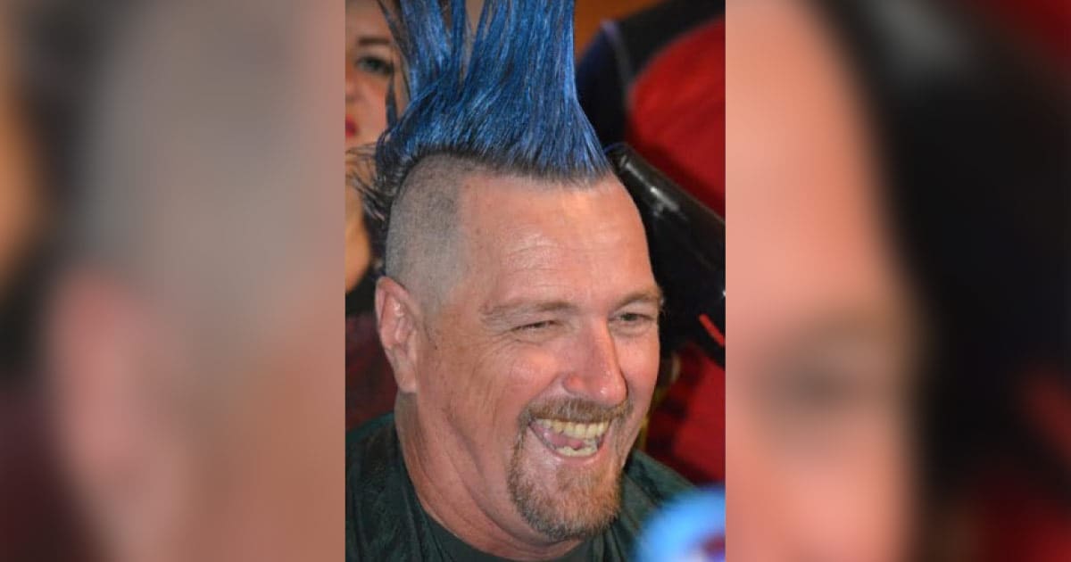 Jim with blue mohawk