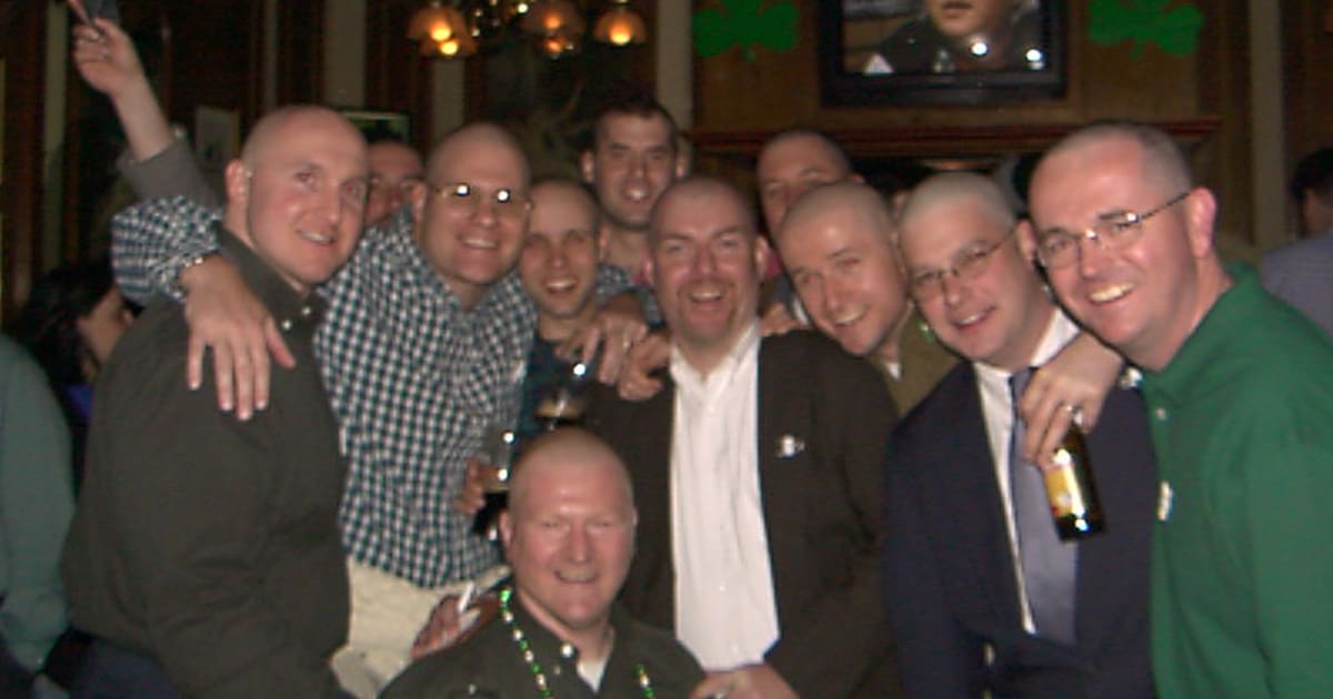 Photo of shaved heads from the first St Baldricks event