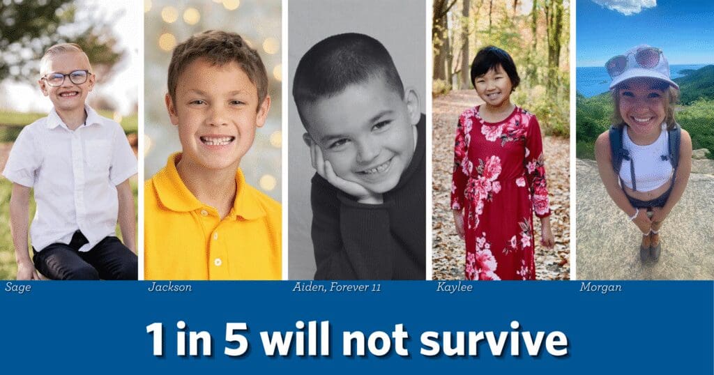 A collage of children with the message "1 in 5 will not survive," drawing attention to a significant and urgent matter.