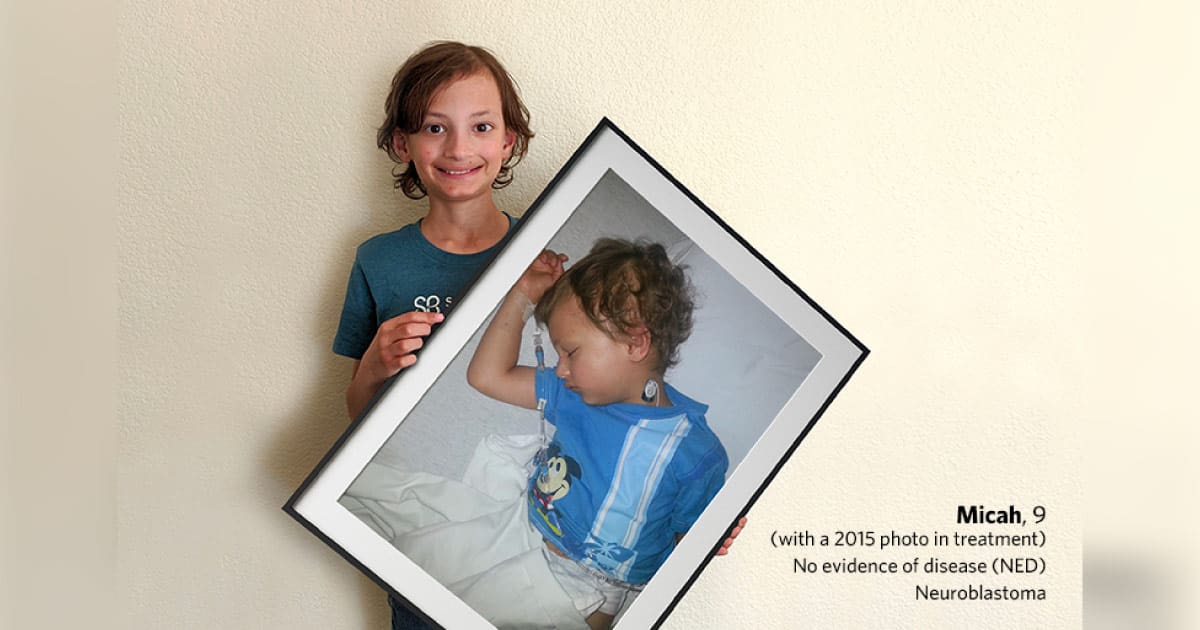 Micah, 9 (with a 2015 photo in treatment) no evidence of disease (NED), Neuroblastoma