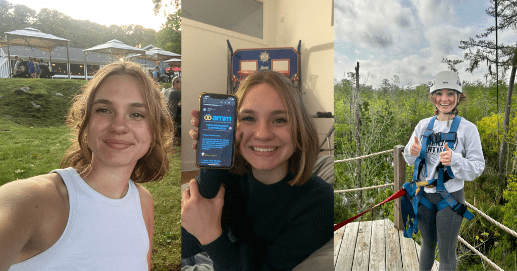 One individual at 3 different times of life - one with a smile, one holding a phone, and one showing a lively moment.