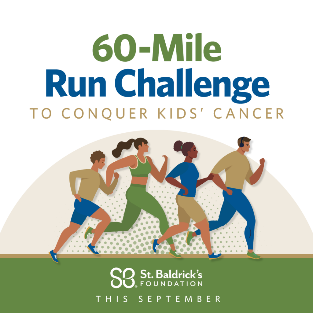 animated of people running with text 60-Mile Run Challenge to Conquer Kids' Cancer this September