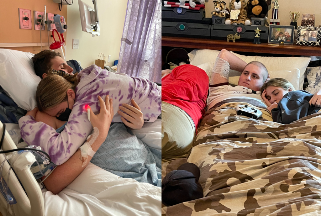 Left: Sam's sister hugging him in the hospital bed, Right: Sam hugging his sister at home, while she sleeps.