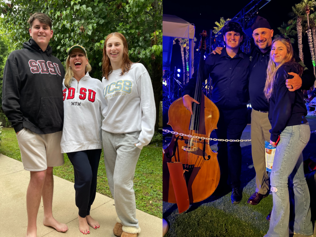Left: Sam posing with his mom and sister; him and his mom are in SDSU gear and his sister is in USCB gear, Right: Sam holding a cello, posing with his dad and sister