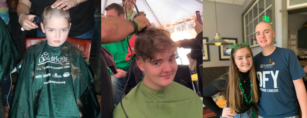 Left: Billy getting his head shaved at 6 years old in 2009, Middle: Billy having the clippers swipe right down the middle of his head in 2020, Right: Billy and Jessica, Joey’s sister, all smiles at the 2020 event.