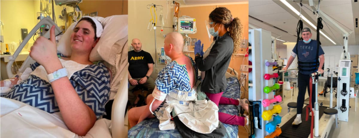 Collage of 3 images. Left: Sam with a thumbs up, Middle: Sam post-op, Right: Sam doing physical therapy to walk again