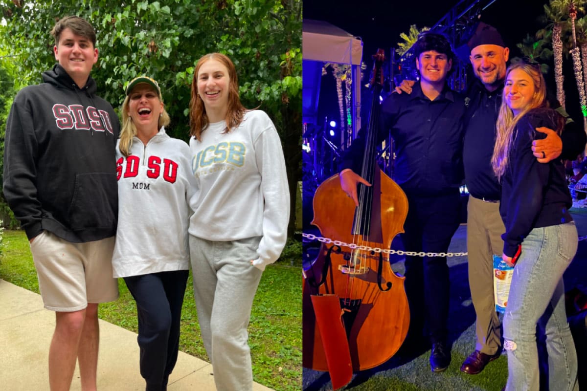 Collage of two images. Left: Sam and his mom in SDSU gear, his sister Abby in UCSB gear, Right: Sam with his dad and sister Abby.