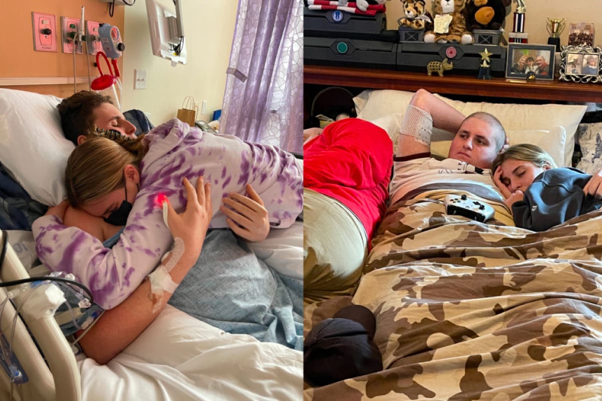 collage of 2 images. Left: Sam and his sister hugging at the hospital, Right: Sam recovering at home while his sister sleeps in his arms.