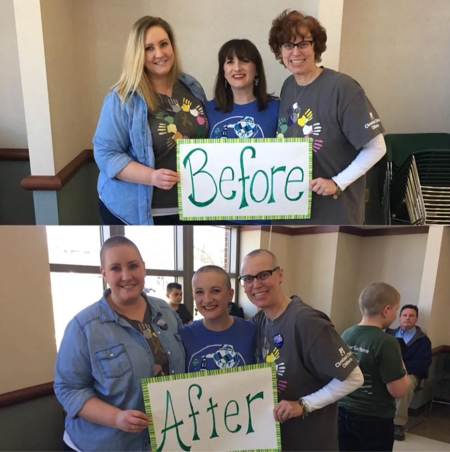 3 female shavees with their hair holding a 'before' sign (top), 3 female shavees rocking a bald head holding an 'after' sign (bottom)
