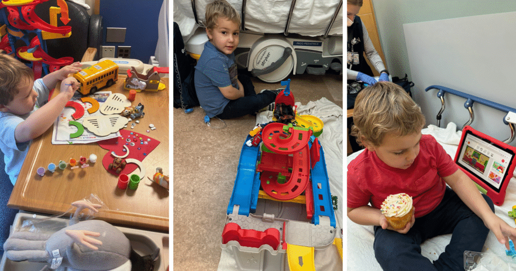 A collage of images depicting a child joyfully playing with various colorful toys.