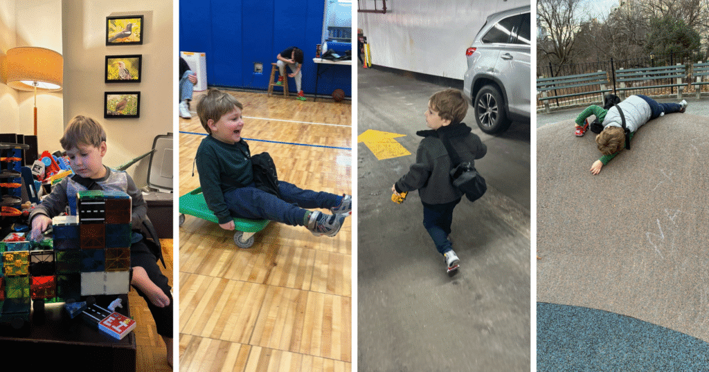 Four photos showing a little boy engaged in play activities in various playground settings.