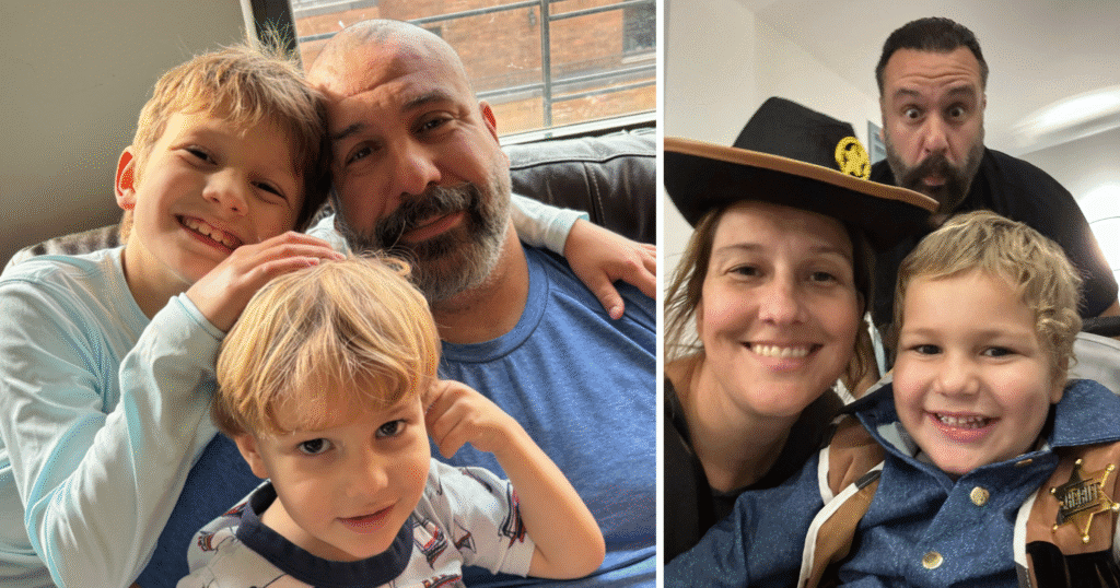 Two images of families: one with a man smiling with two children; the other with a man smiling with a woman and little boy