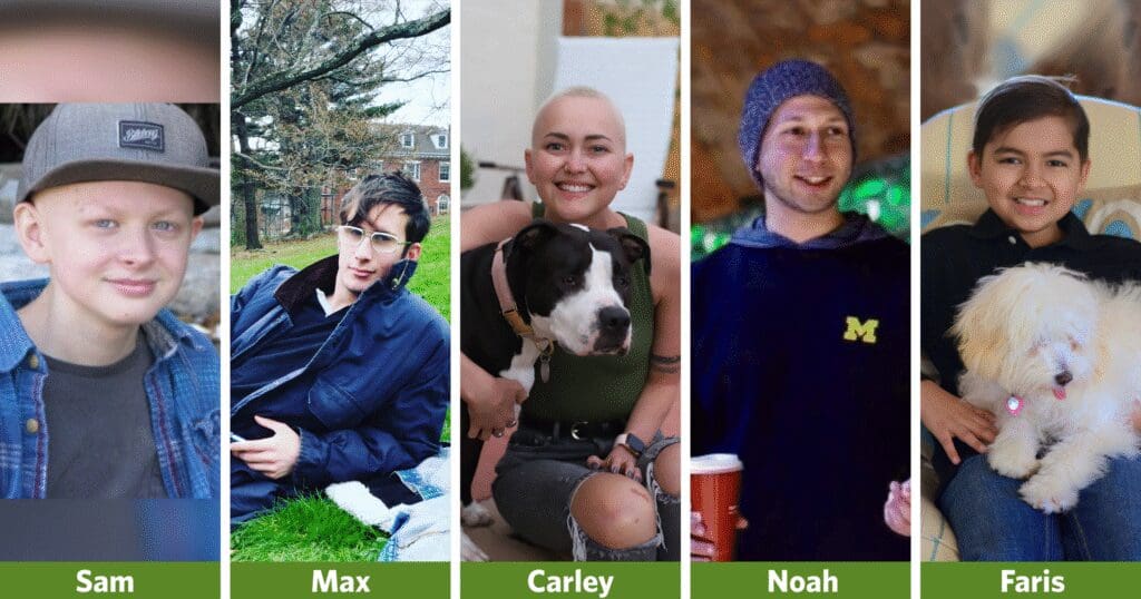 Five individuals all showcasing a joyful moment in a natural environment.