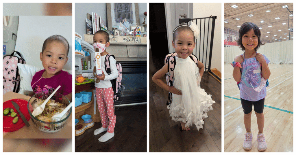 Four images of a young girl wearing a pink backpack. She is shown eating, wearing pajamas, in a white dress, and smiling in a gym, conveying joy and playfulness.
