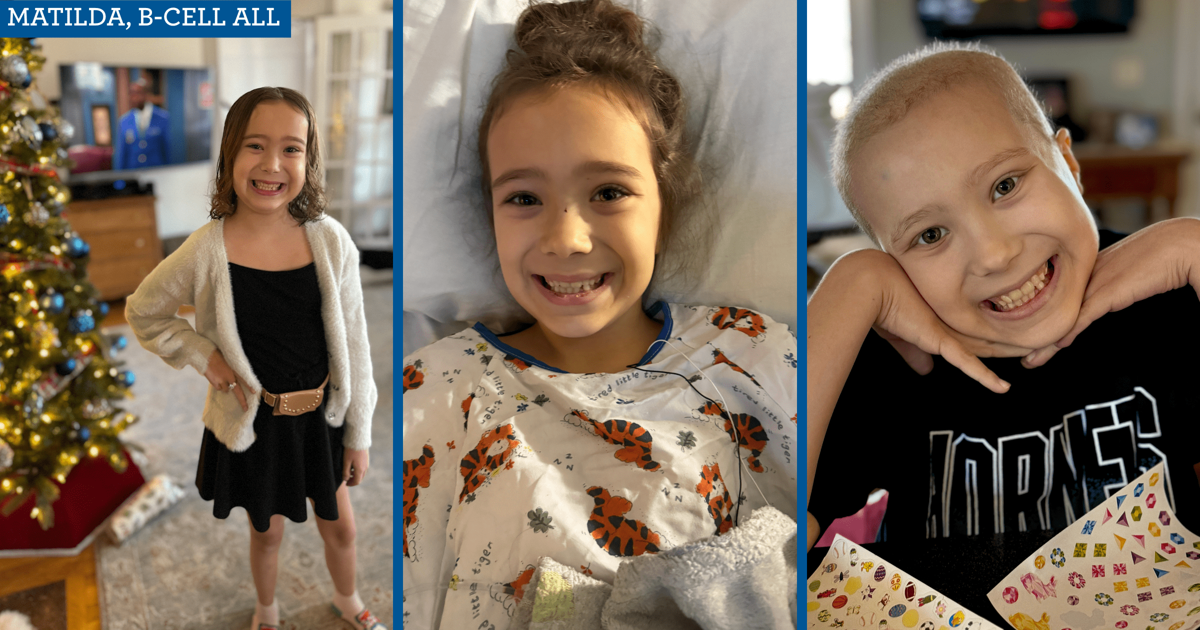Three images of a little girl, one standing by a decorated Christmas tree, one in a hospital bed, and one widely smiling.