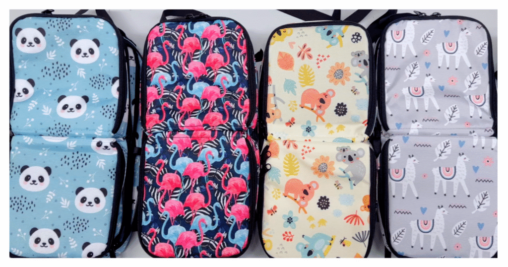 Four colorful backpacks are displayed side by side. They feature playful patterns: pandas on blue, flamingos on dark, koalas on beige, and llamas on gray.