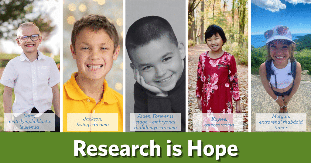 Five individual portraits of children, each smiling. Below, text displays names and cancer types. The phrase "Research is Hope" is highlighted in green.