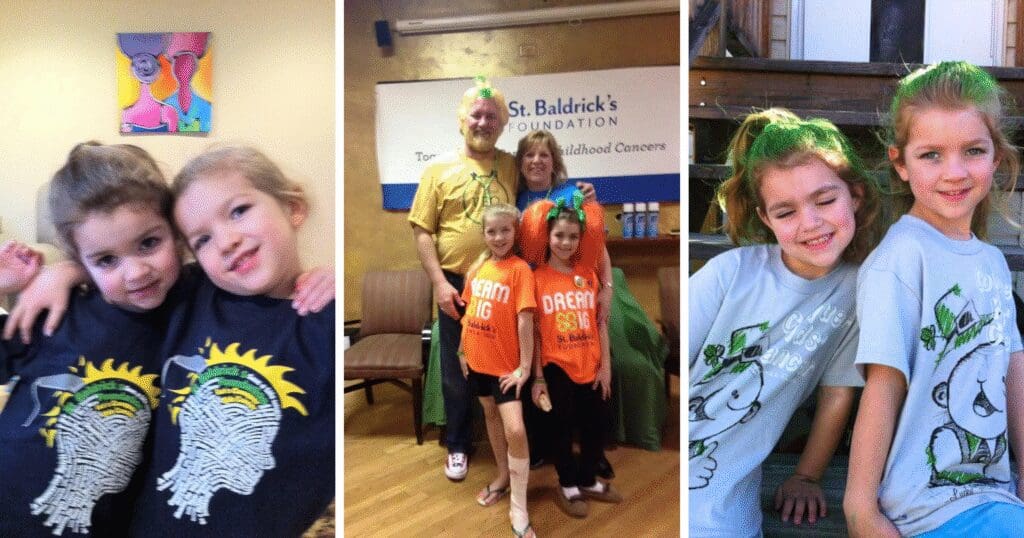 A collage shows two young girls in matching shirts, a family of four in St. Baldrick's shirts, and the same two girls with green hair and matching shirts, smiling.