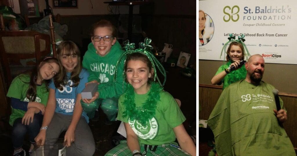 Kids in green outfits smile at a St. Baldrick's Day event. On the right, a man is getting his head shaved at a St. Baldrick's head-shaving event.
