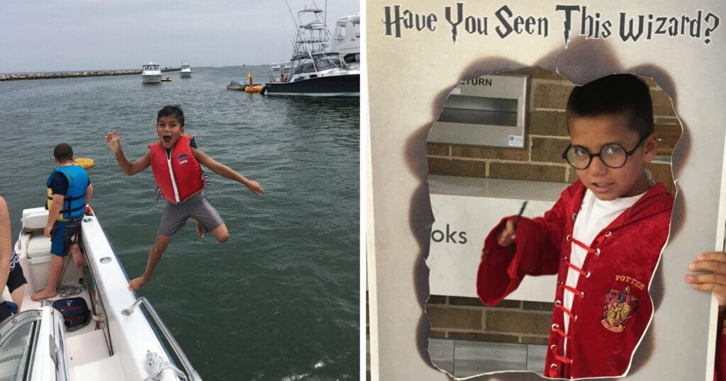 A child in a red life vest leaps from a boat into the water, joyful expression; next, the same child in wizard attire poses behind a cutout frame, looking playful.