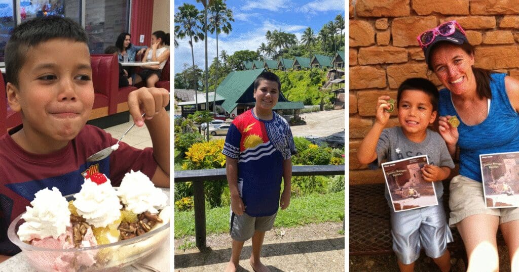 A young boy enjoying ice cream topped with whipped cream and a cherry in a diner; in the second image, he stands smiling in a tropical setting; the third shows him with a woman, both smiling and holding photo books, sitting against a brick wall. The mood is cheerful and relaxed.