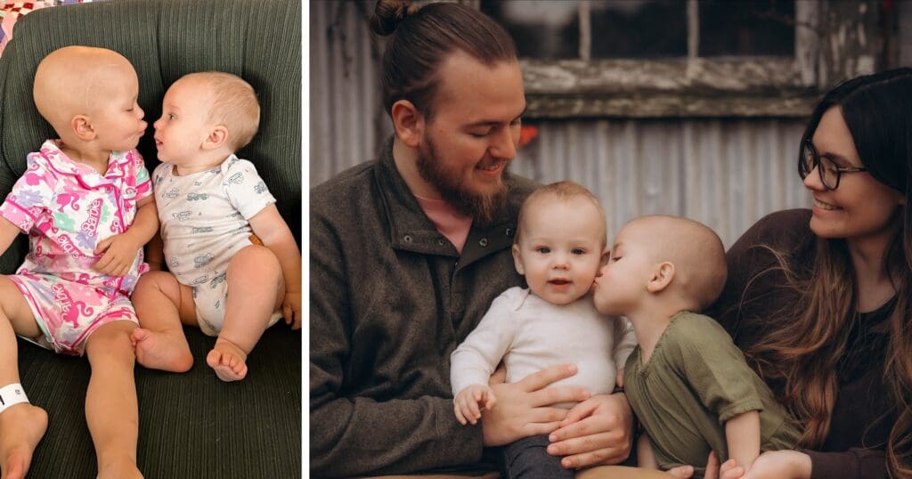 On the left, two children sit on a green couch, facing each other, wearing pink and white pajamas. On the right, a family of four sits together; a man and woman hold two small children. The atmosphere is warm and affectionate.