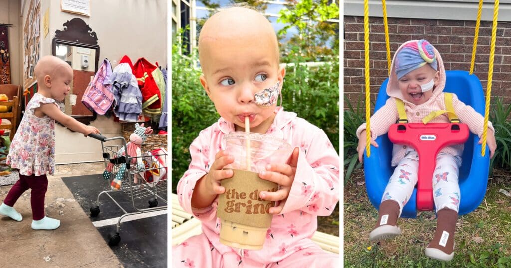 A young child in three scenes: pushing a toy cart, sipping a drink with a nose tube, and happily swinging. Vibrant, joyful, and playful tones.