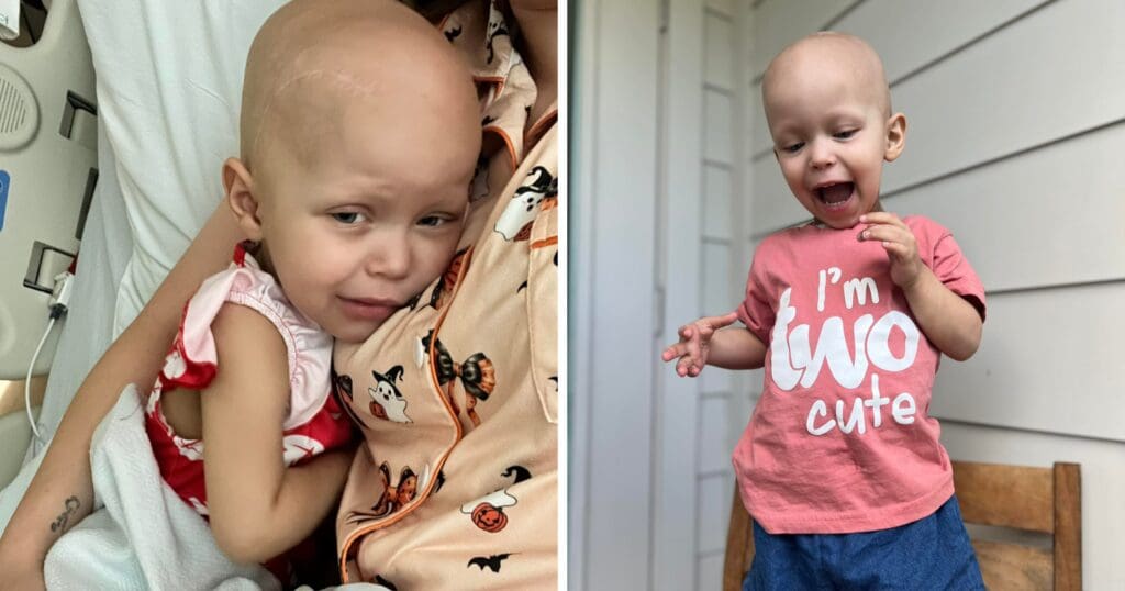 A young child cuddles in a hospital setting on the left, appearing tired. On the right, the same child looks joyful, wearing a shirt that reads "I'm two cute."