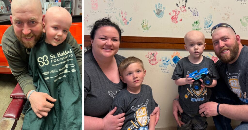 A collage of two family photos. Left: Smiling man and child with shaved heads in a barber chair, wearing a St. Baldrick's cape. Right: Family with two children, one holding a toy truck, in front of a wall with colorful handprints, all smiling warmly.