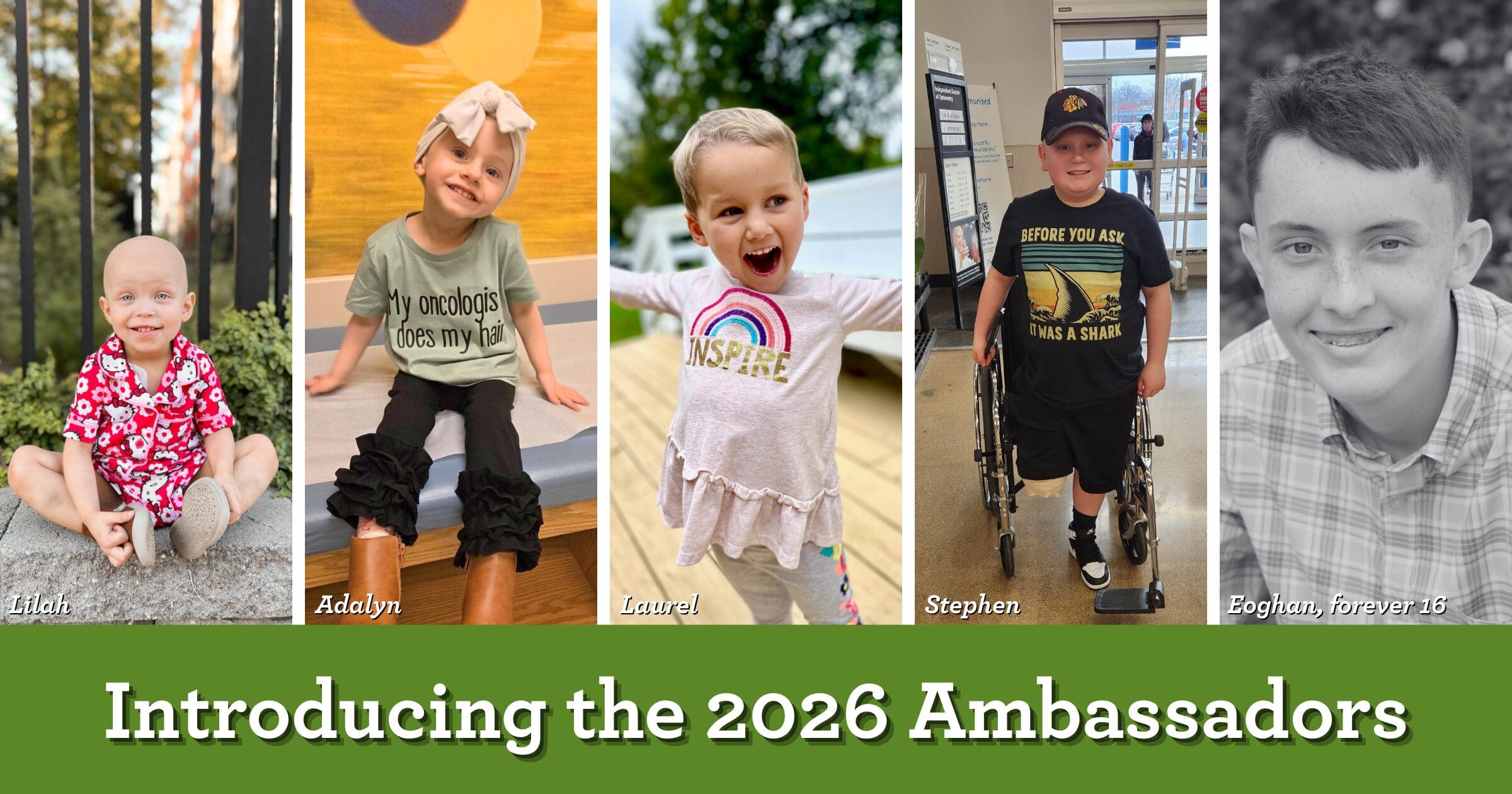 Image showing five children, each smiling warmly, representing the 2026 Ambassadors. They convey joy and resilience against varied, colorful backdrops.