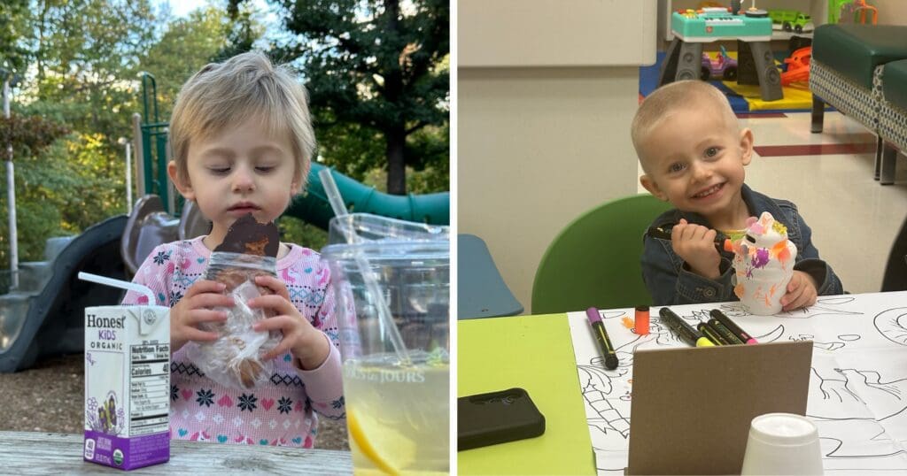 On the left, a child in a playground holds a chocolate treat; on the right, same child smiles in a classroom with a colorful art piece.