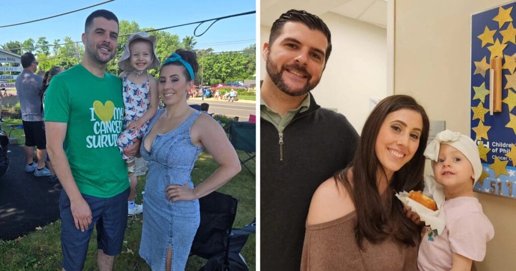 A smiling family of three in two photos. Left: outdoors with sunlight; the man wears an "I love my cancer survivor" shirt, capturing a joyful mood. Right: indoors, a warm moment with the child holding food, standing by a cheerful, star-decorated wall.