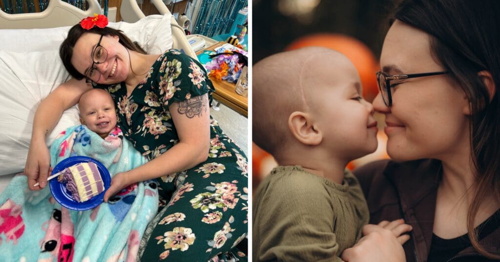 A woman in a floral dress embraces a smiling child in a hospital bed, sharing cake. Another image shows them lovingly touching noses, evoking warmth and care.