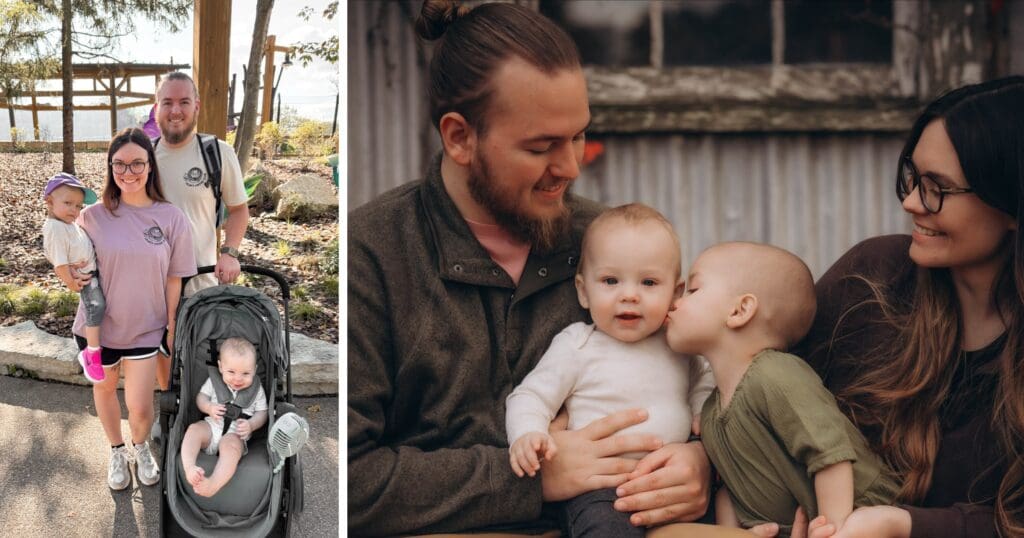 A happy family enjoys outdoor moments. Left: A couple with two kids, one in a stroller, under trees. Right: Same couple and two kids, one child kissing the other. Cozy, warm vibe.