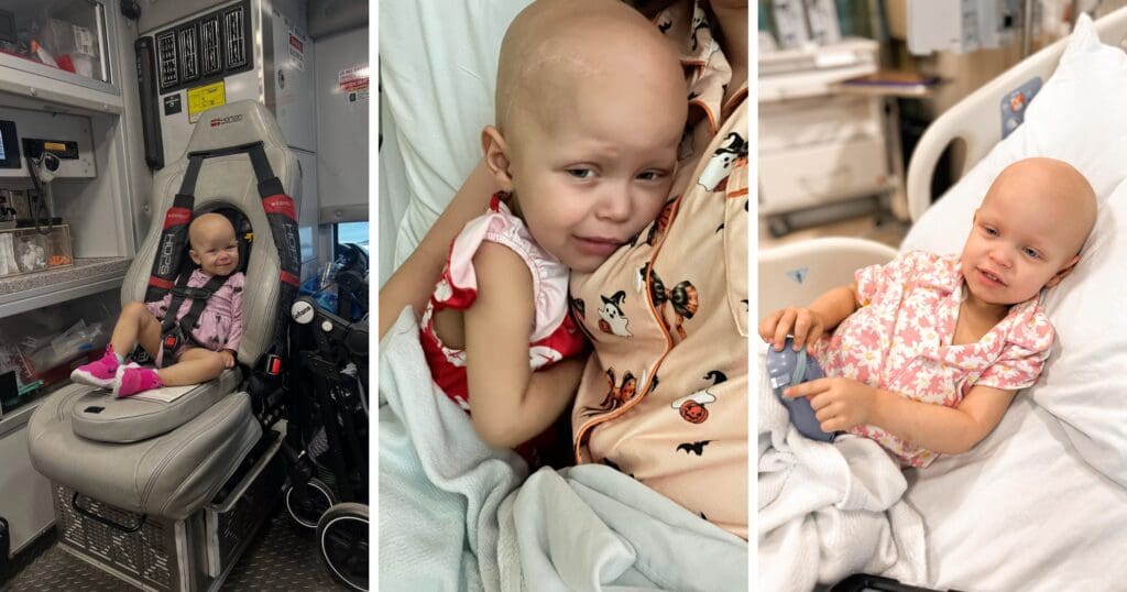 A young child is pictured in three settings: sitting in an ambulance, cuddling with someone, and lying in a hospital bed. They convey a mix of resilience and vulnerability.