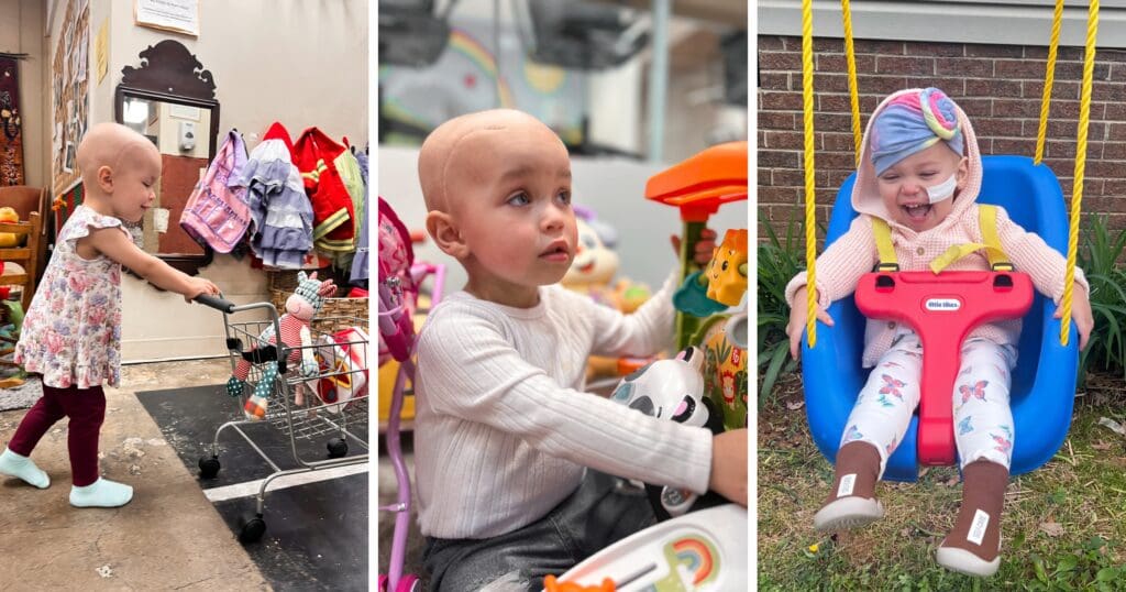 A child wearing a floral dress pushes a toy shopping cart in a store; in the center, the same child in a white shirt plays with toys; on the right, the same child smiling in a swing outdoors, wearing a colorful hat.