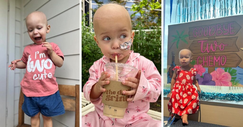A joyful toddler in three photos, celebrating the end of chemotherapy. Wears a "Two Cute" shirt, sips a drink, and stands by a "Goodbye Two Chemo" sign.