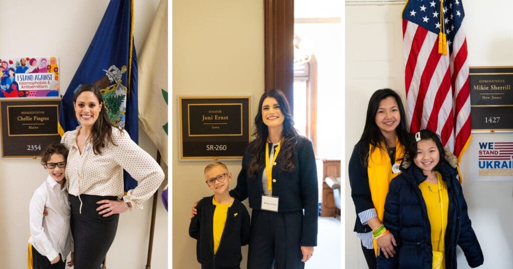 A collage of three images shows women and children smiling outside government offices. Each pair stands near a sign with a flag, conveying a sense of advocacy and positivity.