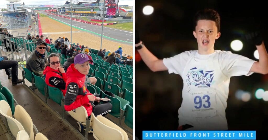 Left image: A family in colorful jackets sits in a stadium with a racetrack view, suggesting a motorsport event. Right image: A young athlete in a white shirt and gloves runs energetically in a race.