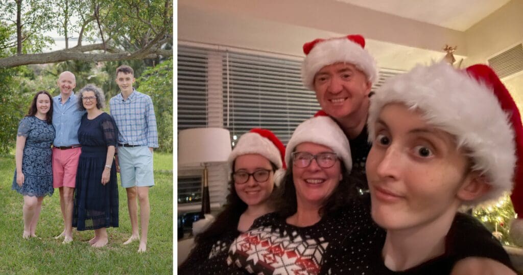 A family photo on the left shows four people smiling in a green, outdoor setting. On the right, the same family wears Santa hats indoors, conveying a festive spirit.