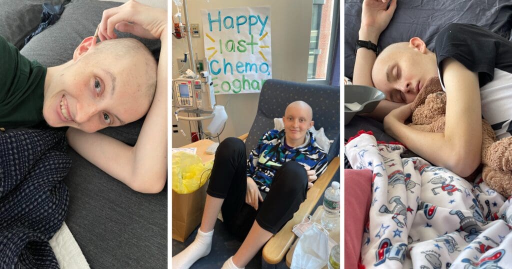 Three-panel image showing a person with a shaved head. Left: Smiling in bed, middle: Sitting with "Happy Last Chemo" sign, right: Sleeping peacefully in bed.