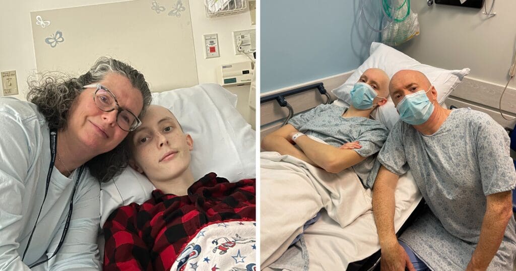 Two images show a patient in a hospital bed. On the left, a woman lovingly hugs a young patient in a flannel shirt. On the right, same patient is accompanied by a man by his bedside, both wearing hospital gowns and masks. The mood is caring and supportive.