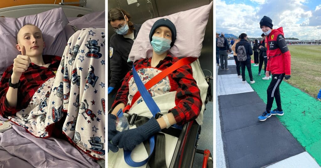 From left to right: A person in a hospital bed with a thumbs-up gesture, covered in a robot-patterned blanket; the same individual in a wheelchair, wearing a mask and red jacket, with medical personnel nearby; and them standing outdoors in a red jacket and beanie, smiling, with a crowd in the background. The progression suggests a journey from a hospital to recovery, conveying hope and resilience.