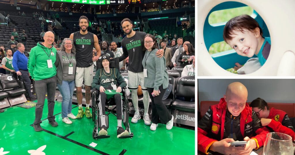 A group of people, including two basketball players and a person in a wheelchair, smile on a basketball court. A child peeks through a circular window. Another person with a shaved head and someone hiding behind him, wearing a red jacket, smiles while using a phone in a restaurant.