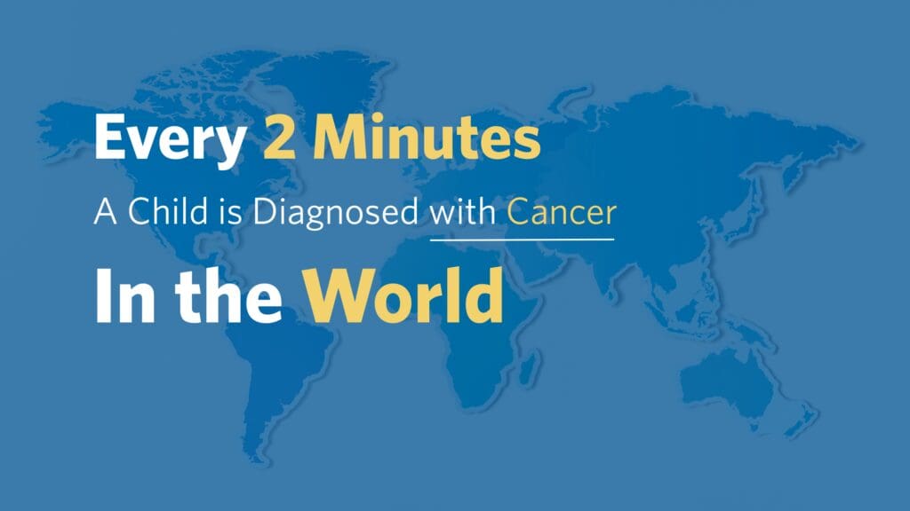 Blue world map background with bold text reading, "Every 2 Minutes a Child is Diagnosed with Cancer in the World," emphasizing global impact and urgency.