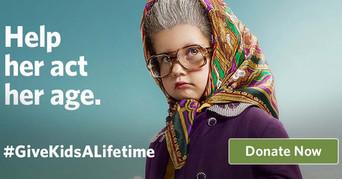 Advertisement with a child in old woman costume