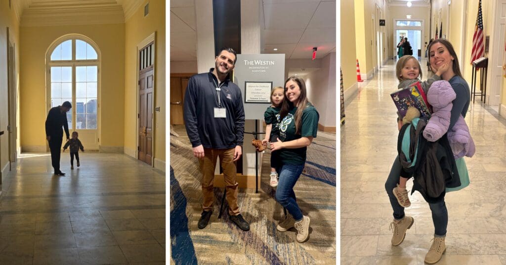 A three-image collage: Left, a man and young child walk hand-in-hand in a sunlit hallway; center, they pose with a woman by a “Westin” sign; right, the woman joyfully carries the child in another hallway.