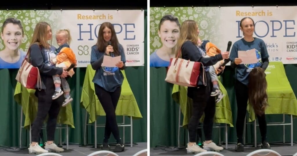 Two images show a woman on stage at a cancer research event. In the first image, she holds a microphone, standing beside another woman holding a child. In the second image, the same woman holds on to her wig. A banner with the text "Research is Hope" and childhood cancer awareness messages is in the background. The atmosphere is hopeful and supportive.