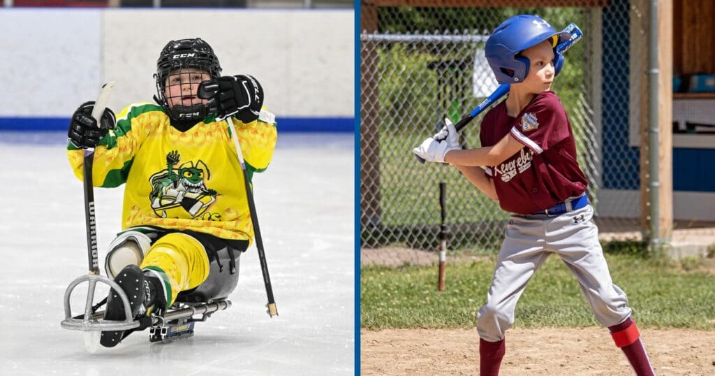 Two children engage in sports. Left: A child in a yellow sled hockey uniform glides on ice, celebrating with raised arms. Right: A child in a baseball helmet poised to bat, focused and determined.