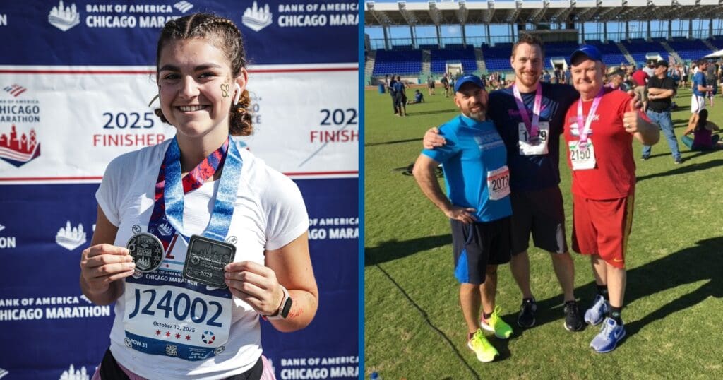 Split image: Left shows a woman smiling, wearing medals and a marathon bib against a 'Chicago Marathon Finisher' backdrop. Right shows three men posing on grassy field, two wearing medals, all visibly content.